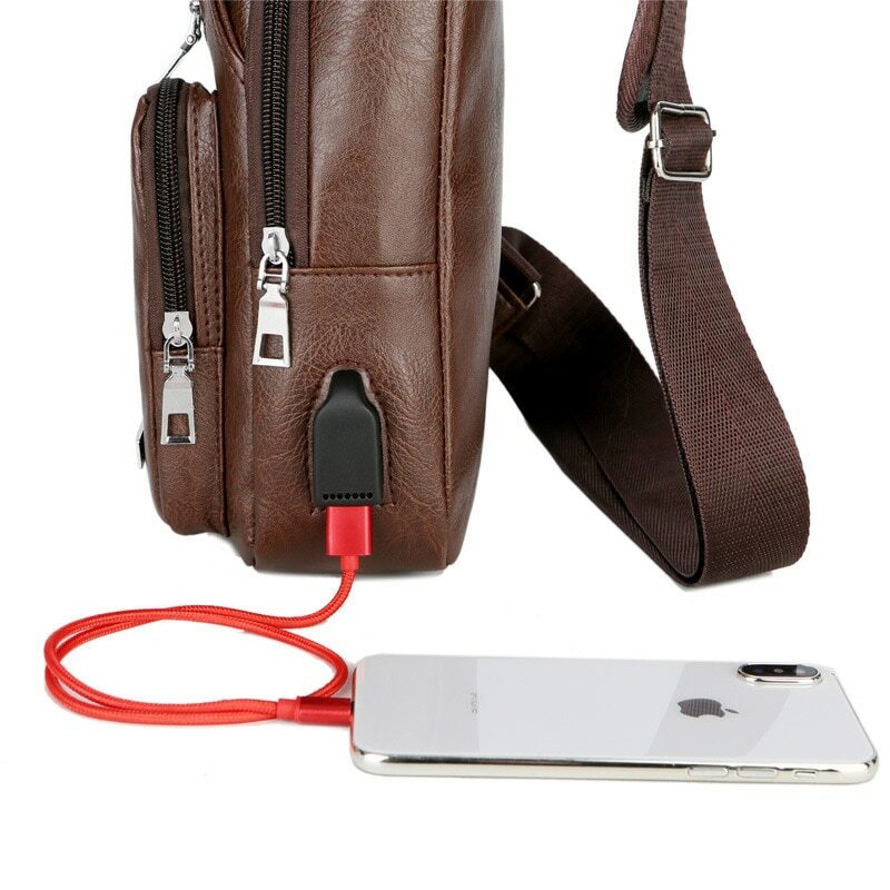 Мужская нагрудная сумка с USB-зарядкой и отверстием для гарнитуры