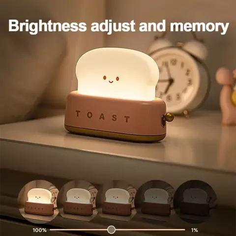 사랑스러운 USB 충전식 타이머 LED 야간 램프, 귀여운 토스터기 야간 조명, 밝기 조절 가능, 침실 침대 옆 수면 램프, 생일