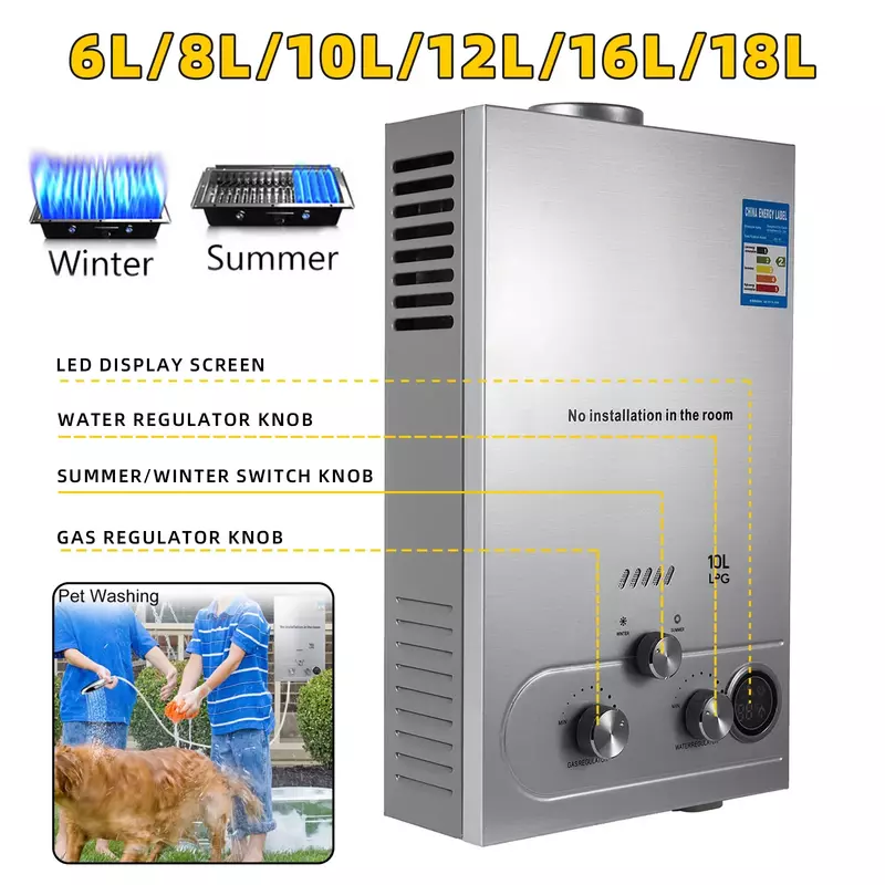 VEVOR Propane Gas Heater Instant Water  6L/8L/10L/12L/16L/18L Water Heater 36KW Tank Tankless Stainless Steel Water Heater