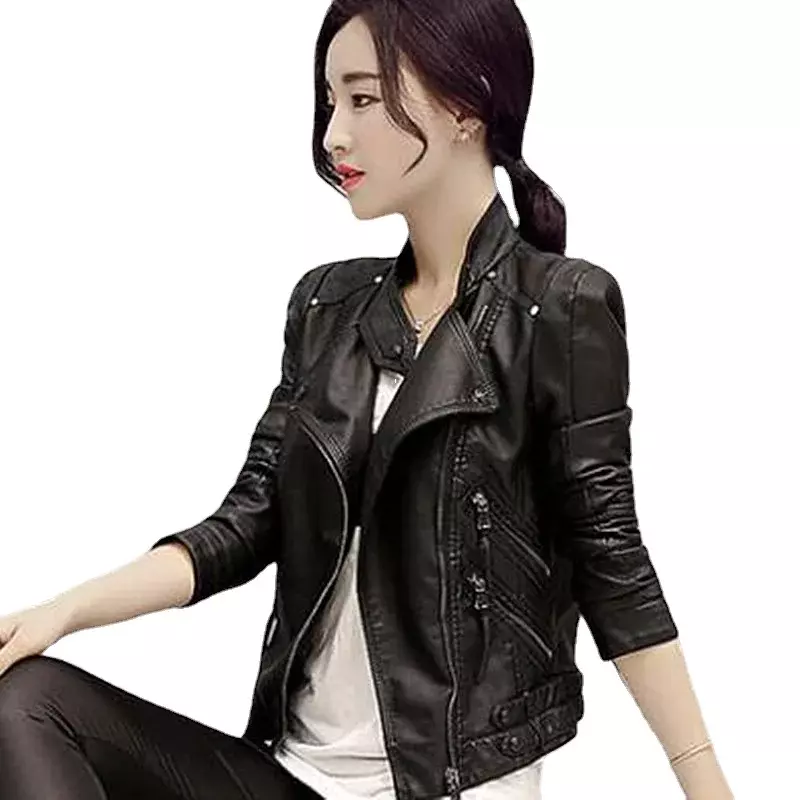 Falso jaquetas de couro PU para mulheres, blazer preto, casaco com zíper, outerwear de motocicleta, nova moda, outono e inverno, quente 2023