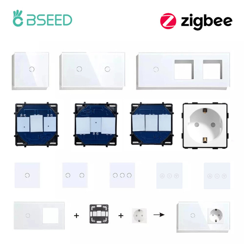 BSEED 1/2/3Gang Smart Zigbee Switches Function Part Touch Glass Front Panel EU Wall Socket Smart Plug DIY Parts Free Combination