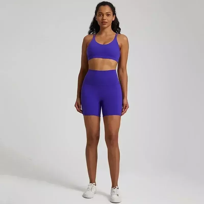 Lemon Bra olahraga wanita, lembut pinggang tinggi celana pendek Cross Fitness Set 2pc Legging pendek Yoga Gym latihan Hollow Out