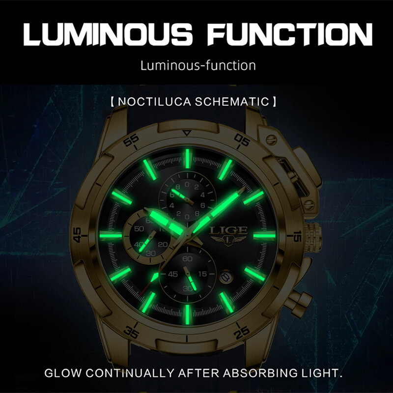 Часы наручные LIGE мужские с силиконовым ремешком, брендовые Роскошные водонепроницаемые спортивные кварцевые в стиле милитари, с хронографом и коробкой