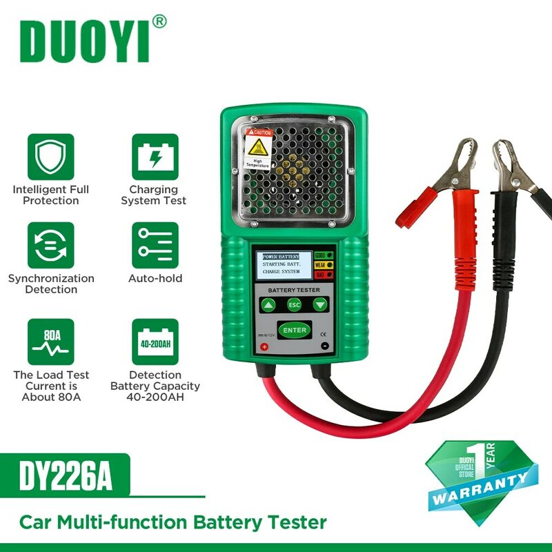 DUOYI-probador de batería de coche DY226A 3 en 1, herramienta de prueba de tracción de 6V, 12V, CC, carga de arranque automática, CCA, medición de batería