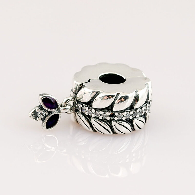 Perles en argent regardé 925 avec bouchon à clip en cristal, véritable émail violet, grains d'énergie, breloque, convient pour bracelet à la mode, bijoux à bricoler soi-même