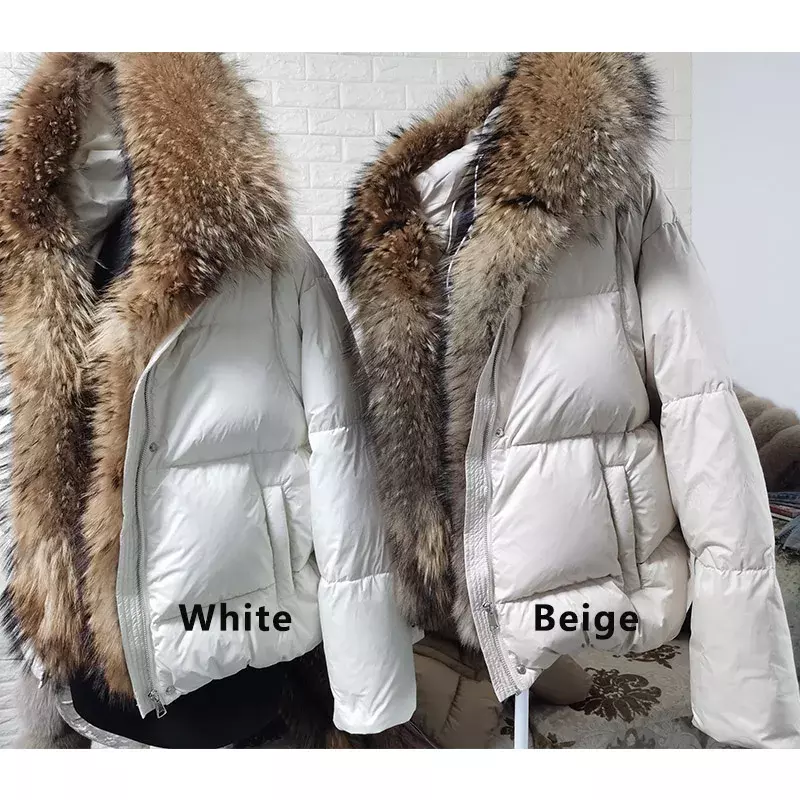 MAOMAOKONG 여성용 2024 화이트 덕 다운 재킷, 따뜻한 루즈 코트, 천연 리얼 여우 모피 칼라, 두꺼운 럭셔리 겉옷 파카, 겨울
