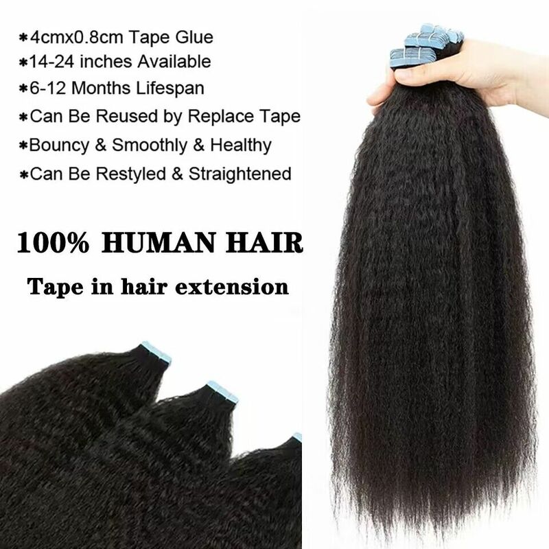 Fita no cabelo humano kinky extensões em linha reta 100% real remy trama do cabelo humano cola adesiva para salão de beleza alta qualidade para a mulher