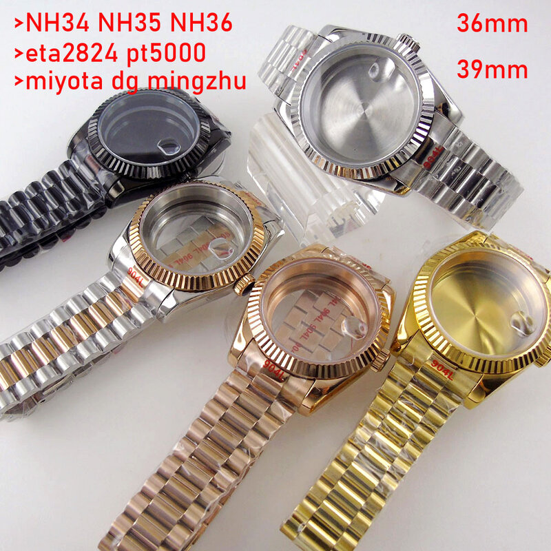 Wodoodporny srebrny złoty karbowany zakrzywiony futerał na zegarek do NH34 NH35 NH36 NH38 NH39 NH70 NH72 ETA2824 PT5000 MINGZHU DG MIYOTA 36mm