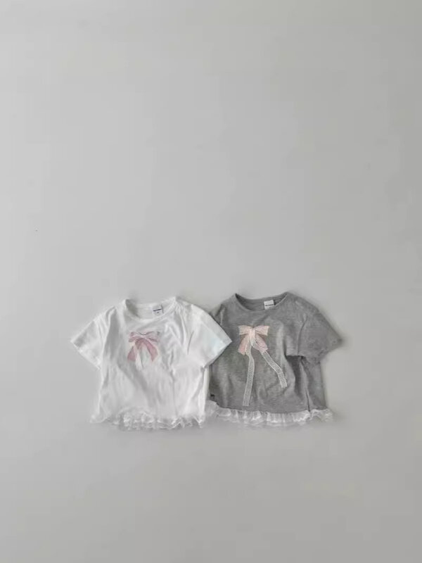 Новинка лета 2024, милые футболки с бантом для маленьких девочек, Модная хлопковая футболка с коротким рукавом для маленьких девочек, Милая Кружевная футболка, Детские повседневные топы для малышей