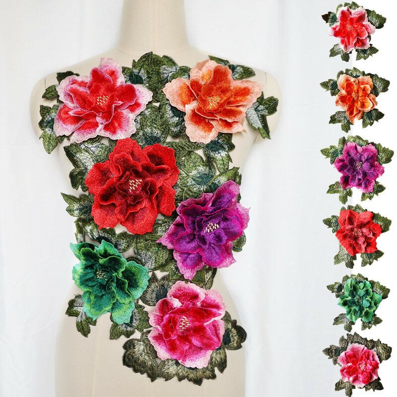 Stickerei 3D Pfingstrose Blume Verlässt Nähen Patch Abzeichen Garnituren Applique Kragen Für Hochzeit Kleid Kleid Kleidung DIY Dekoration Handwerk
