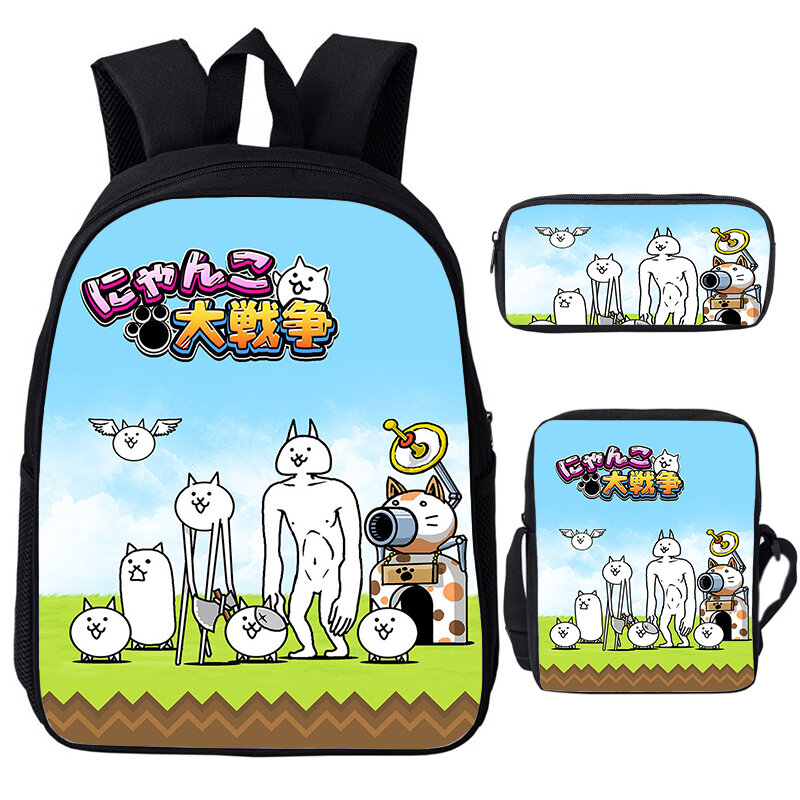3pcs Set  The Battle Cats Backpack Shoulder Bag Pen Bag Cute Cartoon School Bags for Boys Girls Softback Bookbag Laptop Backpack