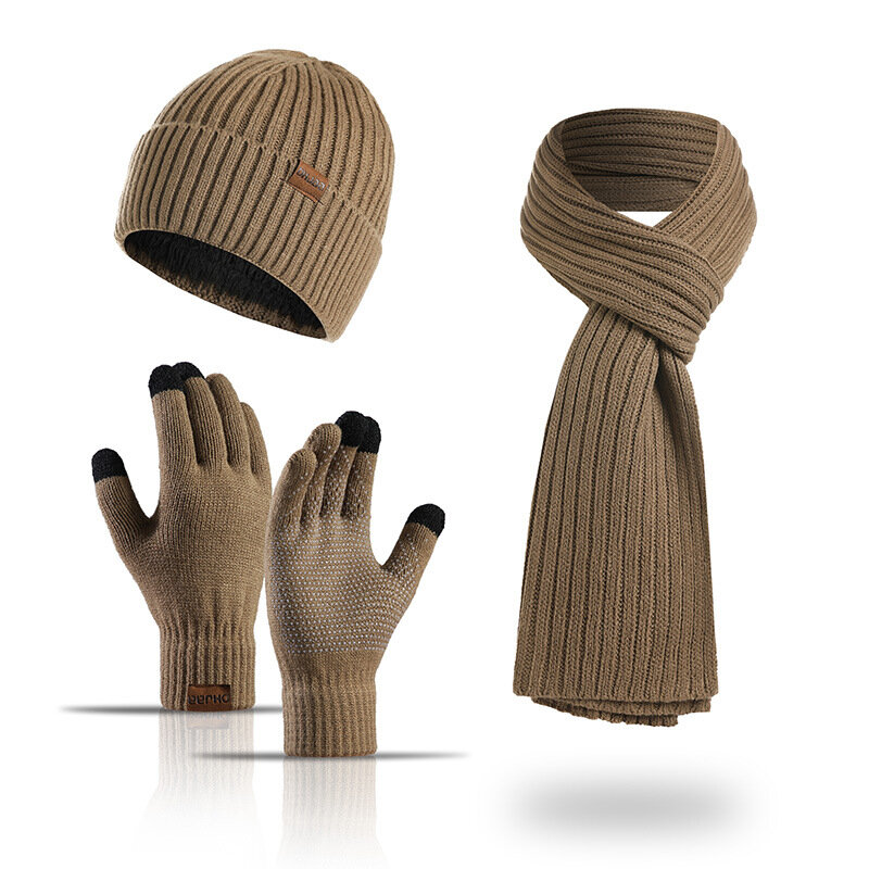 Men's Winter Keep Warm Set Fleece Lining Beanie Telefingers Gloves Thicken Scarf Knit Muffler Unisex Hat Solid Color Neckerchief