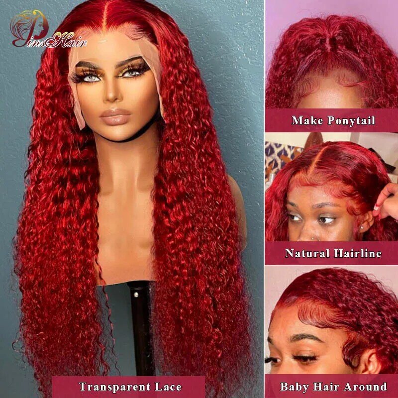 99J красные парики из человеческих волос на сетке спереди, парик с глубокими вьющимися волосами спереди для женщин, прозрачный парик на сетке спереди, цветной вьющийся красный парик