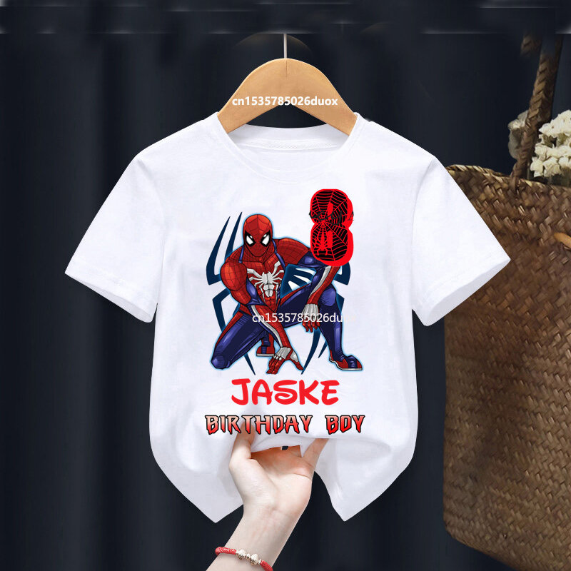 Marvel Spiderman Birthday Shirts para meninas e meninos, Personalize Name T-Shirt, Birthday Party Clothes for Kids, 2, 3, 4, 5, 6, 7, 8, 9, verão