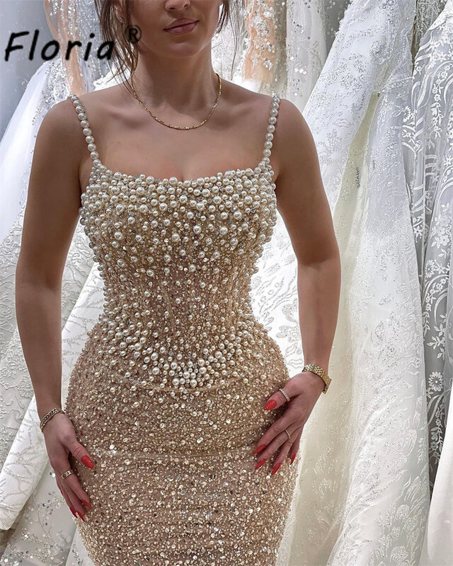 Spaghetti Straps Pearls Beaded Formal Party Dress Dubai Mermaid Evening Dresses  Sequins Wedding Prom Cocktail Dress Fashion