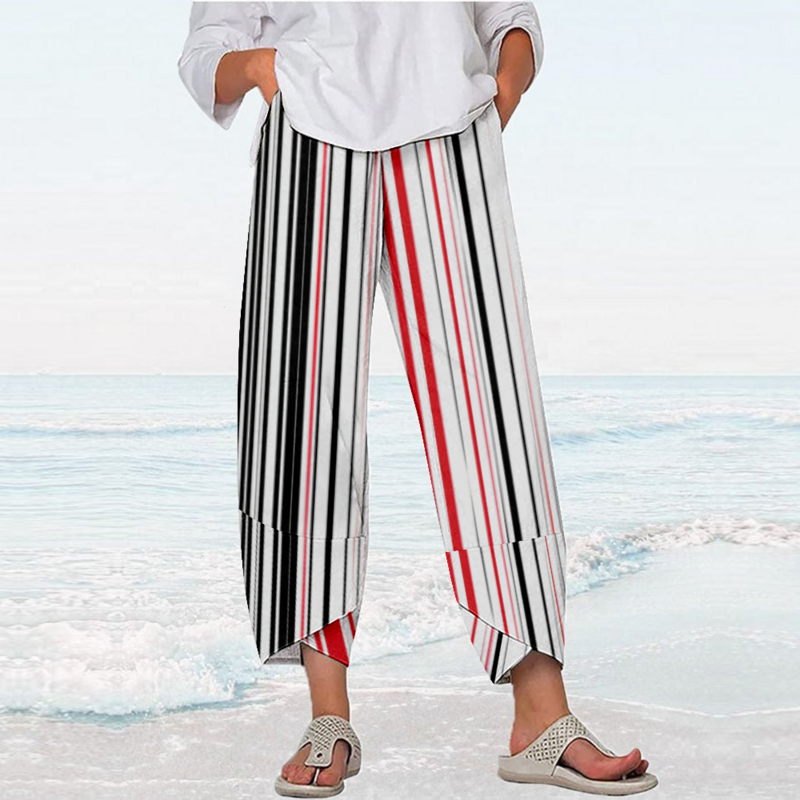 Брюки женские в полоску с графическим принтом, уличная одежда Y2k, пляжные свободные брюки-Капри, джоггеры, элегантные спортивные штаны, на лето