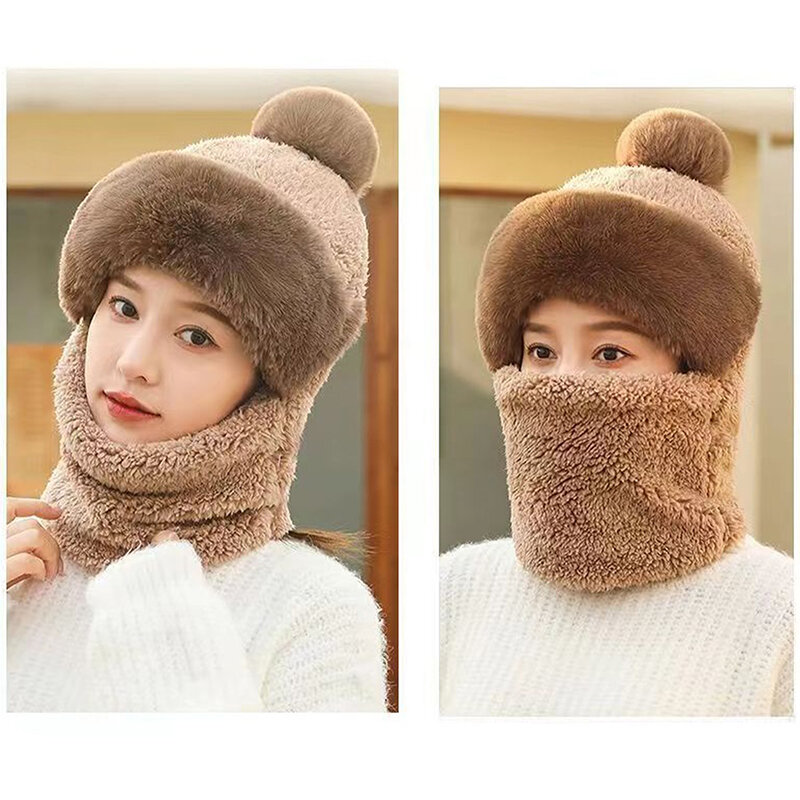 Winter Scarf Set Hooded For Women Plush Neck Warm Outdoor Ski Windproof Hat Thick Plush Fluffy Beanies
