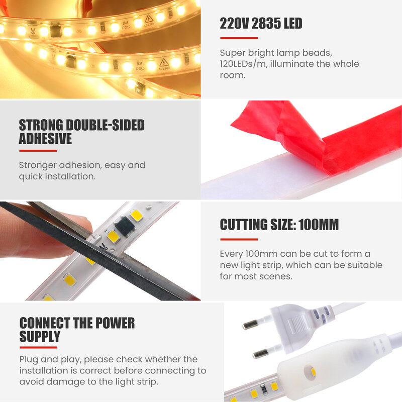 AC 220V 240V LED Strip 3000K 4000K 6000K 120Leds/M Flexible Ribbon Stripe IP65 Waterproof Self Adhesive Tape Strip Chain Light
