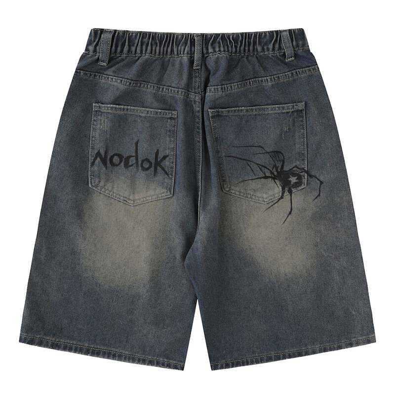 Y2K celana pendek Denim biru Motif Spider Cobweb, celana pendek Jeans kasual longgar musim panas mode Harajuku Hip Hop pakaian jalanan