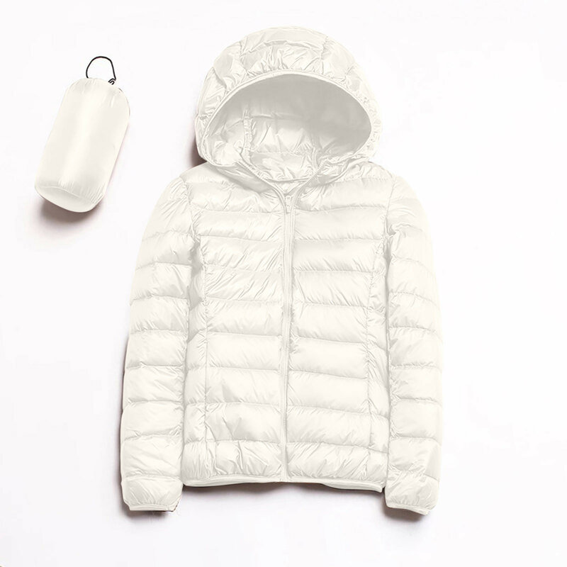 Jaket musim dingin ringan hangat untuk wanita, mantel bertudung tahan angin dengan saku ramping pendek putih bebek pakaian luar Jaqueta Feminina
