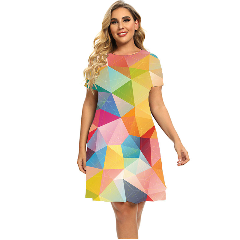 다채로운 3D 기하학 인쇄 드레스 여성 패션 특대 의류 느슨한 여름 짧은 소매 o-넥 미니 드레스 플러스 사이즈 드레스 6XL