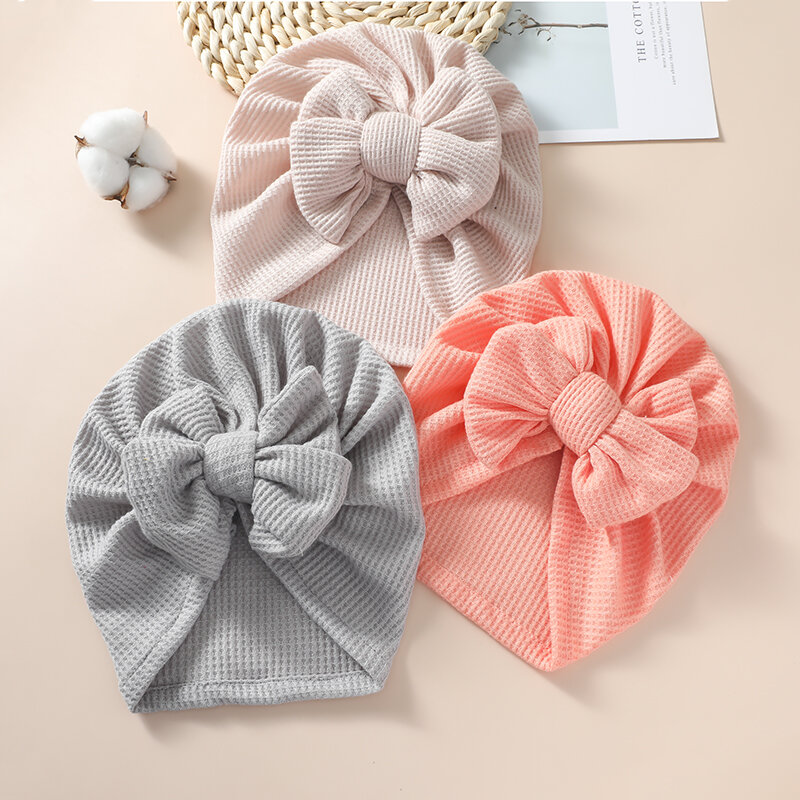 1pc Solid Color Baby Waffle Knit Bowknot Baby Girl Hat Turban Bow Head Wraps Baby Kids Bonnet Beanies Newborn Indian Turban Caps