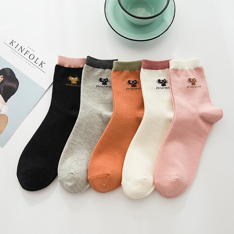 Chaussettes tube en coton pour femmes, simples, petit chat, tendance, printemps