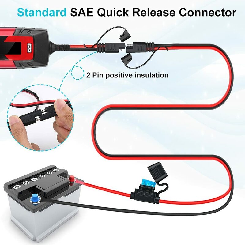 Extractme-SAE Quick Release Connector to O-Ring Terminal Harness, Cabo do carregador de bateria, 10AWG, 15A Fusível, 2 Pin