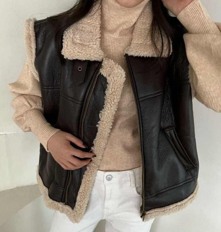 South Korea Autumn and Winter New Chic Women Retro Fur One-piece Thick Vest Imitation Lambswool Vest for Women Coat Clothing