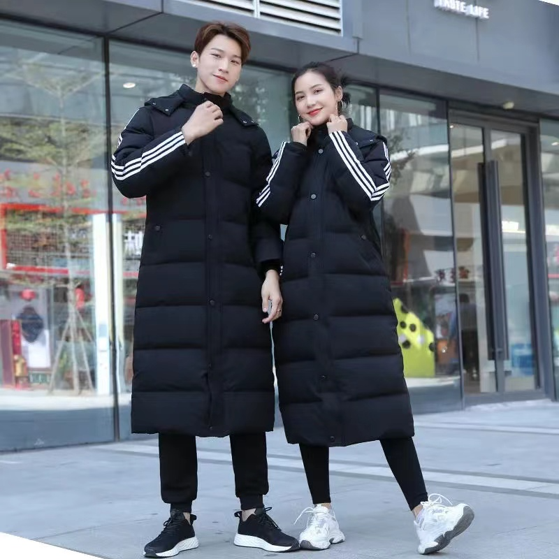 Abrigo largo de plumón negro para parejas, abrigo sobre la rodilla, holgado y Extra Largo, grueso, versión coreana, hombre y mujer