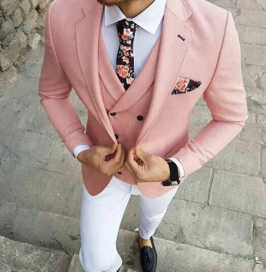 Luxury Suits for Men Balzer Terno Hombres Pink Coat Vest White Pants Three Piece Jacket Slim Fit Single Breasted Notched Lapel