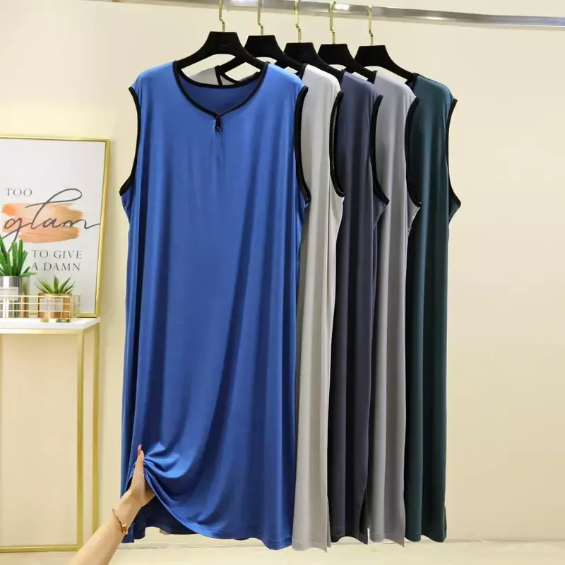 Sleepwear Cotton Loose Size Mid Long Tops Men for Nightshirt Color Solid Sleeveless Pajamas Thin Modal Plus Summer