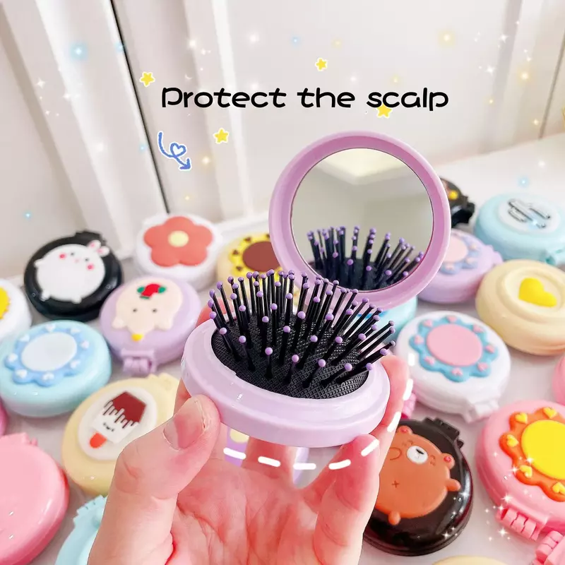 1pc Children Cute Cartoon Small Comb Portable Mirror Massage Comb All-in-one Girl Air Cushion Mini Folding Airbag Styling Tool