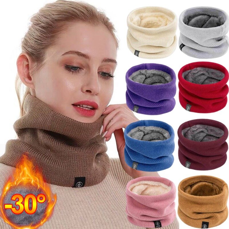 Solid Winter Plush Muffler Woolen Knitting for Women Fleece Ring Bandana Scarf Neck Warmer Buff Thick Cashmere Headband Ski Mask