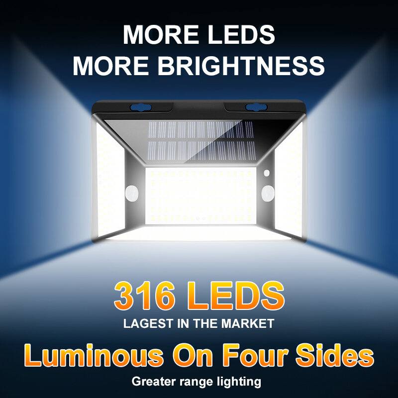 316 مصباح LED خارجي يعمل بالطاقة الشمسية فائق السطوع ، مقاوم للماء ، IP65 ، مستشعر حركة مزدوج PIR ، ضوء الشارع ، مصباح الحديقة ، المرآب