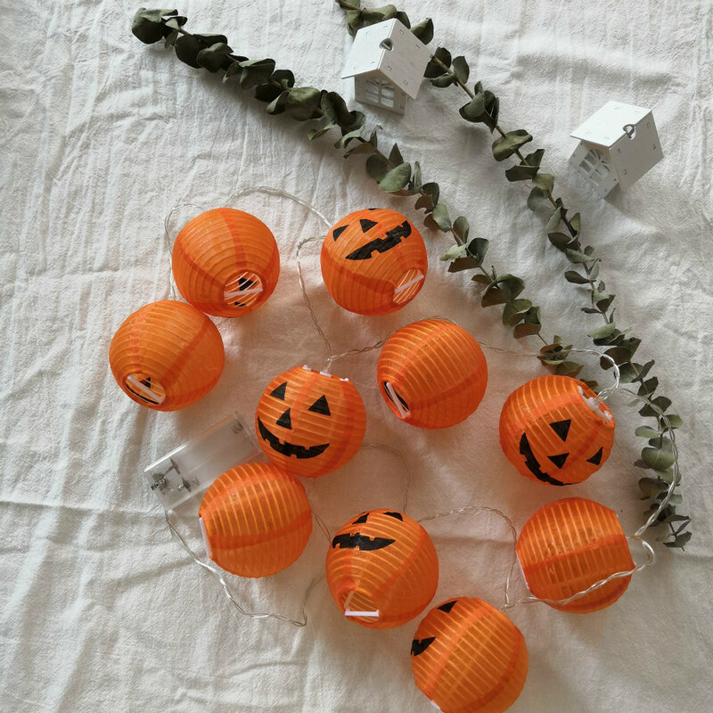 Linterna de calabaza de Halloween, cadena de luz LED, Cara de fantasma naranja, cara sonriente, luz decorativa para vacaciones, luz de ambiente de Terror