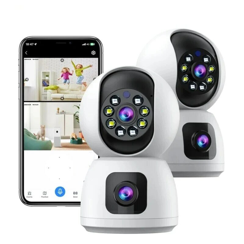 Câmera de Vigilância de Segurança Interna, Lente Dupla, WiFi, Casa, Monitor Pet, Rastreamento de Movimento, 2K Night Vision, 2 Way Audio Recorder, 2MP