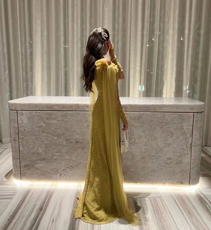 Gold Printing Flower Prom Dresses Tulle Spaghetti Straps Arabia Women Evening Dresses 2024Modern Design Formal Occasion ML-105