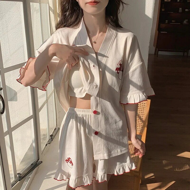 Pakaian tidur wanita Korea, baju tidur musim panas wanita manis celana pendek lengan pendek katun Crepe dengan bantalan dada piyama kardigan Set pakaian rumah