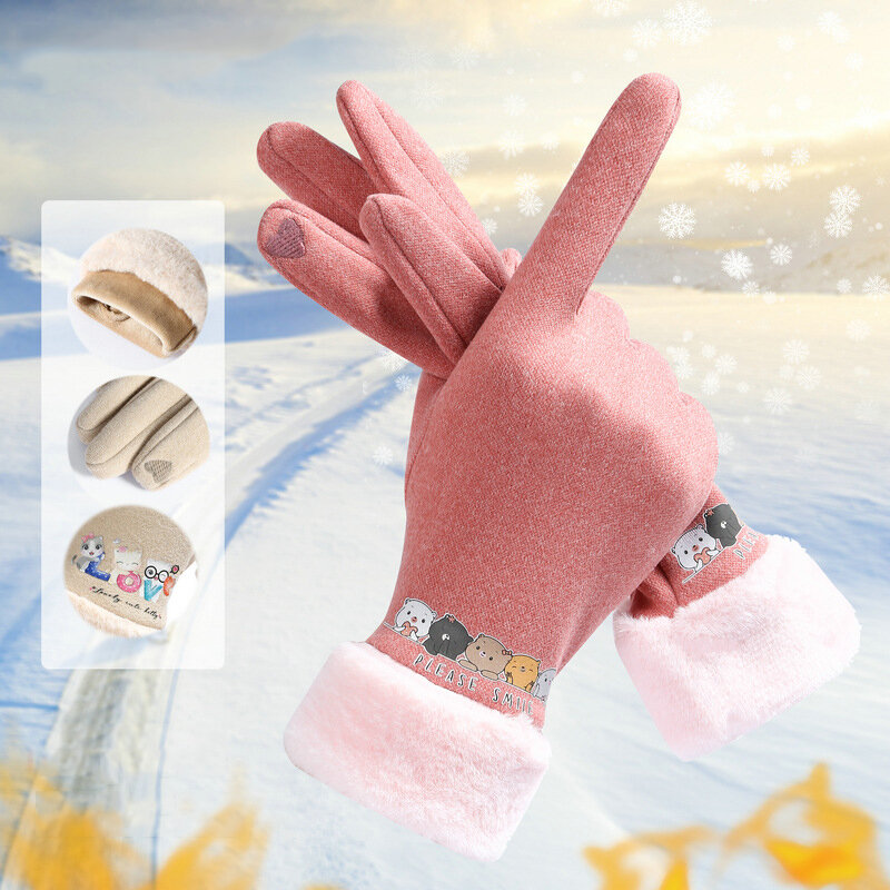 Winte Women Cartoon Thicken Gloves Youth Student Outdoors Cycling Warm Full Finger Mittens Cute Printing Touch Screen Gloves