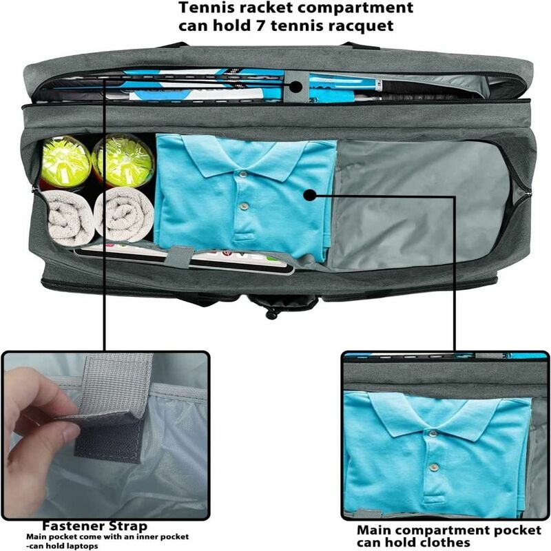 Bolsa de transporte para raqueta, bandolera de tenis con asa, bolsas de bolas duraderas, se puede ajustar a zapatos, bolsa de equipaje de viaje, color gris