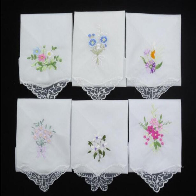 3 sztuk luksusowe bawełniane kobiety Hankies haftowane koronki kwiat Hanky kwiatowy losowy kolor tkaniny damskie chusteczki tkaniny