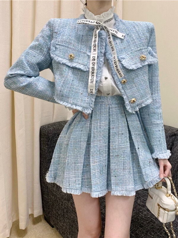 고품질 패션 술 디자인 작은 향기 2 피스/세트, 여성 복장, 긴 소매 짧은 재킷 코트 + 주름 치마 정장
