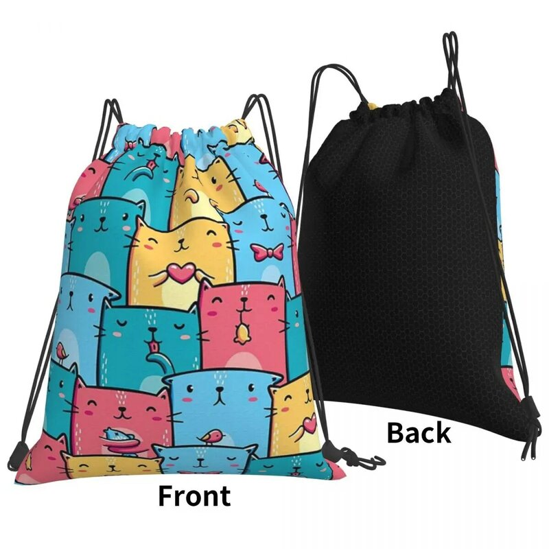 다채로운 고양이 심리스 패턴 배낭, 패션 휴대용 드로스트링 백, 잡화 가방, 여행 학생용 책 가방