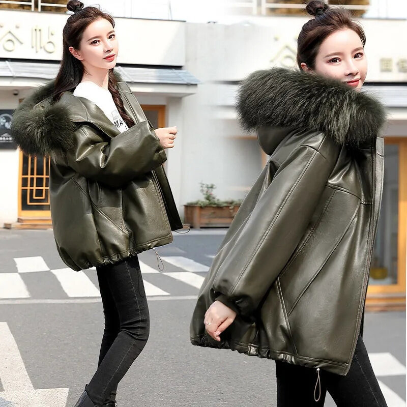 Women's Leather Cotton Coat Parka 2023 New Winter Jackets Short Hooded Warm Windproof Motorcycle Outerwear Leather Clothing