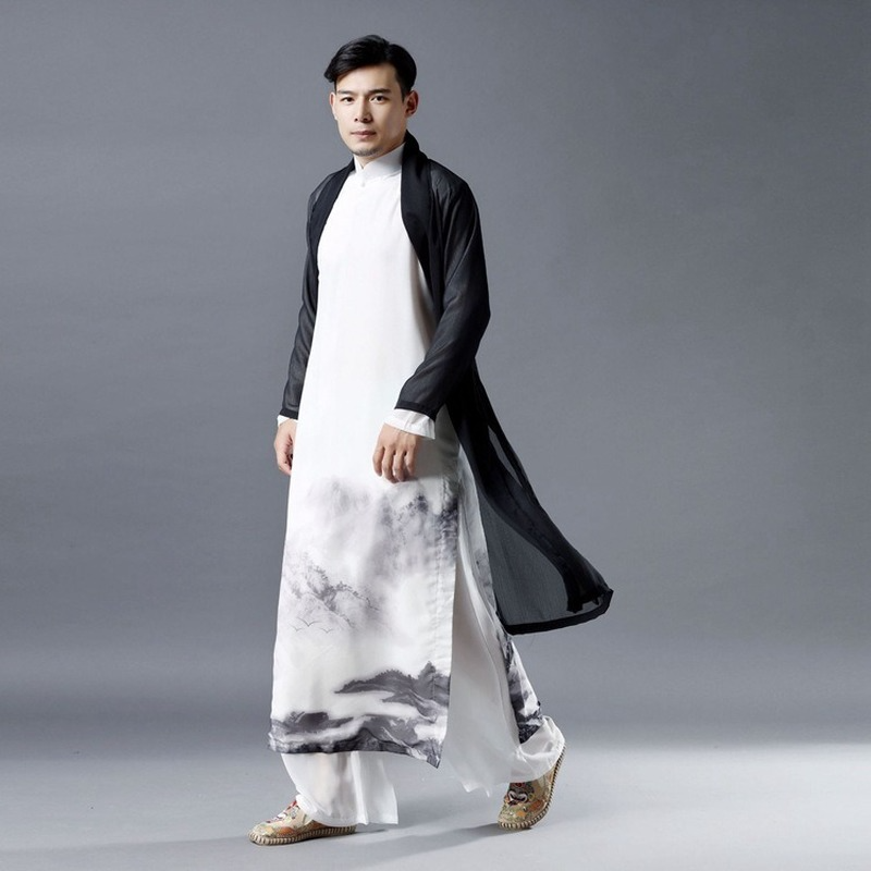 Jaket Anti-angin Musim Panas Gaya Cina Pakaian Pelindung Matahari Panjang Tipis Pria Mantel Hitam Longgar Gaya Kuno Panjang Sedang