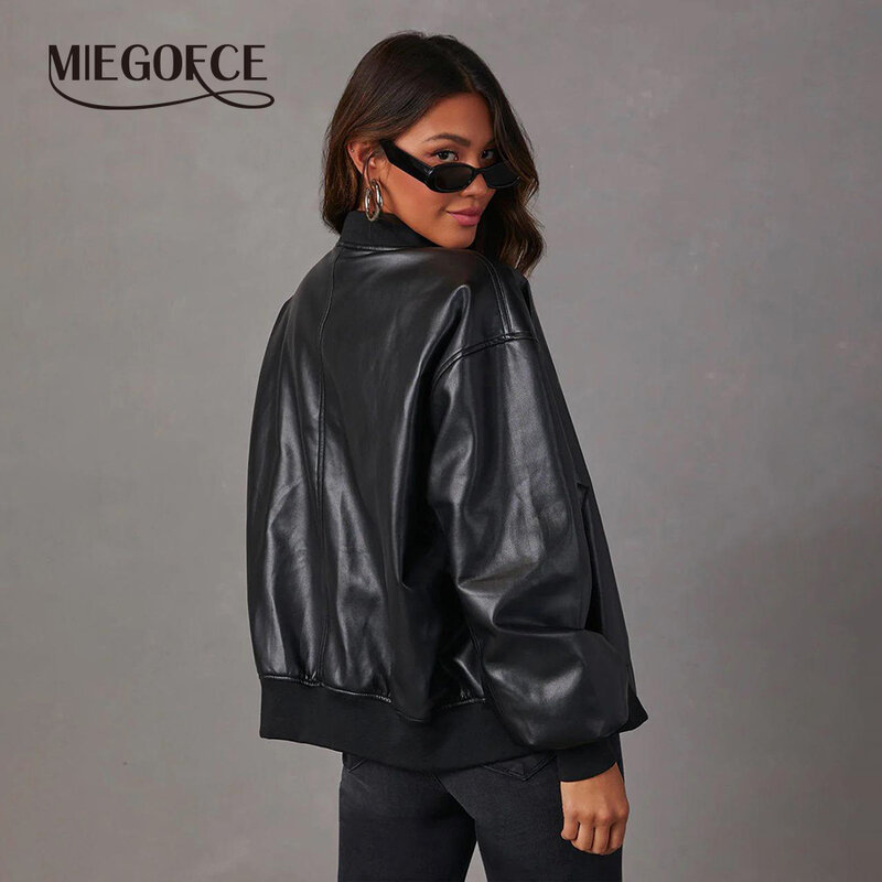 MIEGOFCE jaket kulit PU gaya Eropa dan Amerika, mantel sepeda motor, ritsleting kulit imitasi pakaian wanita SU3600 musim gugur musim dingin