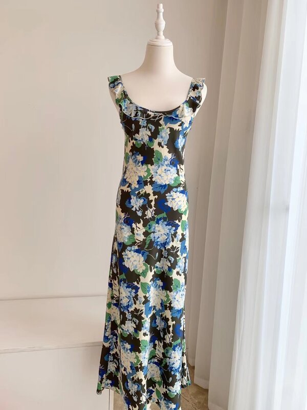 Women Flower Printed Slim Fit 100% Silk Strap Long Dress