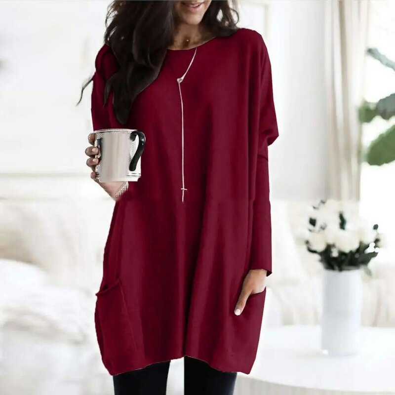 Pullover Women Round Neck Long Sleeve Loose Tops Solid Color Pocketed Tunic Top Casual Oversized Pullovers Basic Jumpers