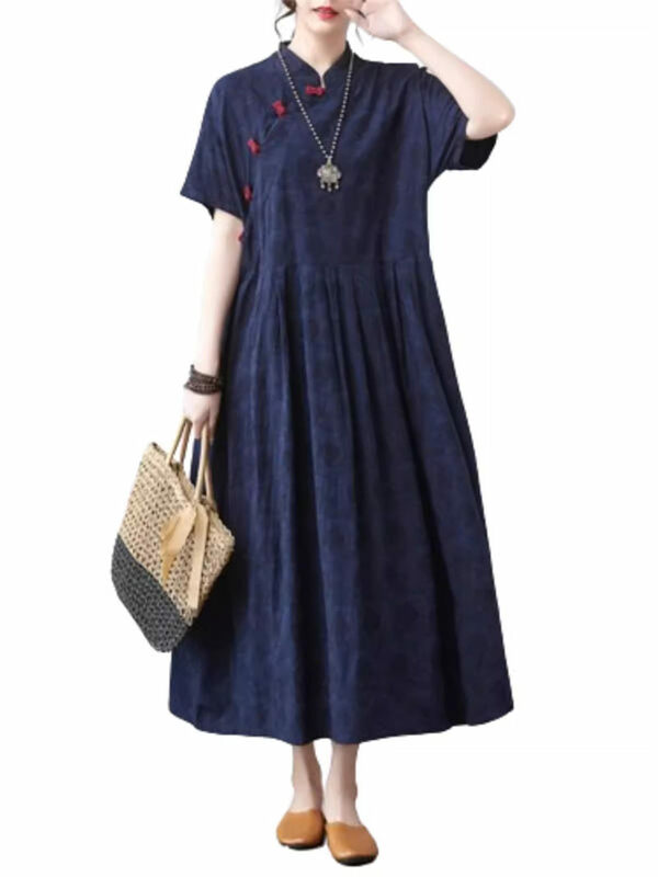 2024 Summer New Retro Chinese Style High End Jacquard Dress Short Sleeve Plate Buckle Loose And Slim Long Dress For Women K768